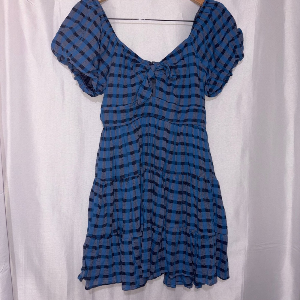 Trixi Francesca's Blue Gingham Tiered Puff Sleeve Mini Dress Large NWT